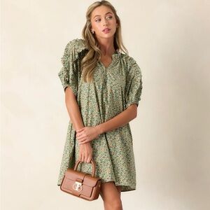 Entro Floral Paisley Green Mini Dress with Statement Sleeves
